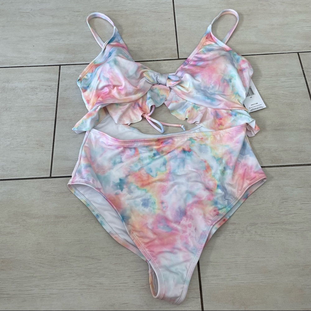 NEW HURLEY RUFFLE TIE DYE CUTOUT ONE PIECE SWIMSUIT SZ 2X! - 0010